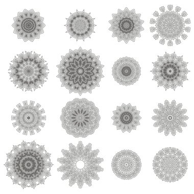 Daire geometrik süsler kümesi. Guillochlu rozet izole. Dekoratif yuvarlak dekor.