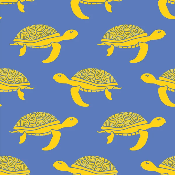 Yellow Ocean Turtle Icon Seamless Pattern Isolated on Blue Background. Sea Graphic Simple Animal Texture.