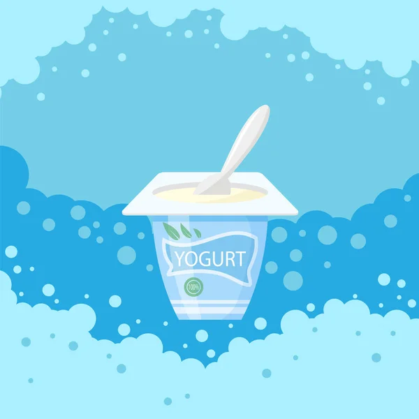 Vetor Recipiente Iogurte Fresco Colher Plástico Isolado Fundo Bolha Azul — Vetor de Stock