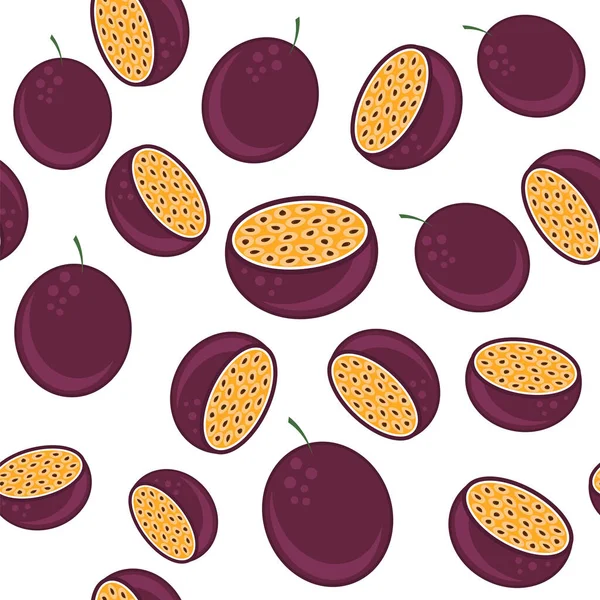 白い背景に茶色の種子とベクトルシームレスなパッションフルーツのパターン トロピカルフードテクスチャ — ストックベクタ