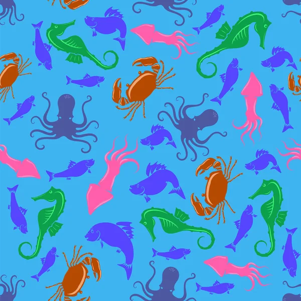 Vector Gekleurd Zeepaardje Krab Octopus Inktvis Ikoon Visontwerp Blauwe Achtergrond — Stockvector