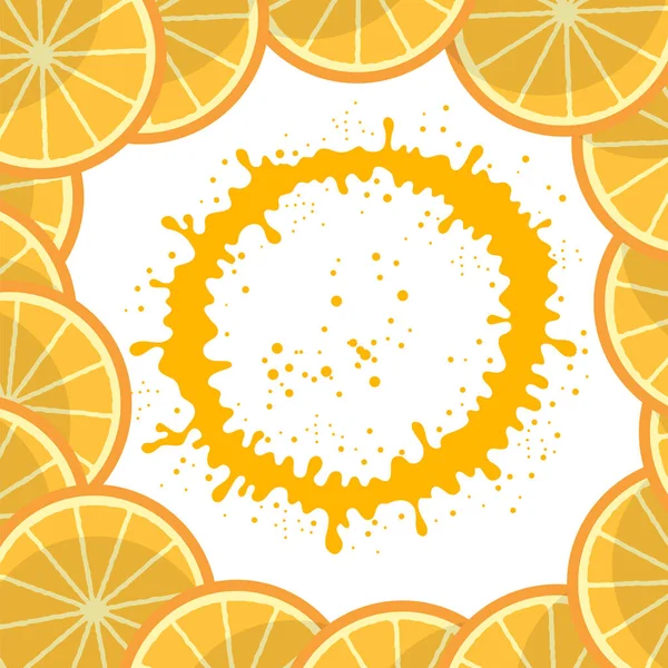 Vector Fresh Orange Sliced Frame Mit Circle Orange Juicy Splatter — Stockvektor