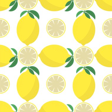 Yeşil yapraklı Vector Fresh Yellow Lemon. Kusursuz desen. Ekşi Tadı Olan Tropikal Meyve Simgesi.