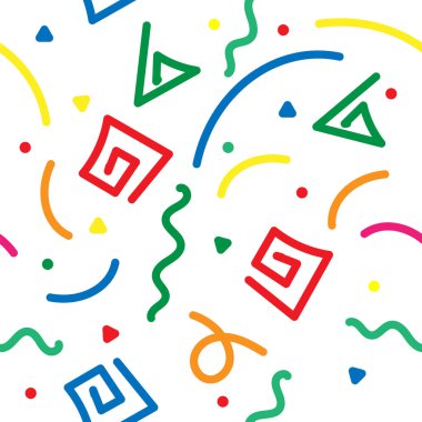 Basit çocuksu karalama arka planı. Renkli çizgiler, kusursuz desenler. Çocuklar için yaratıcı minimalist tarz sanat arka planı veya temel şekilli moda tasarımı.