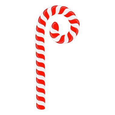 Beyaz arka planda izole edilmiş Raster Noel şekeri ikonu. Xmas sembolü. Geleneksel kırmızı ve beyaz çizgili Xmas şekeri. Çizgili desenli Noel Baba karamel bastonu.