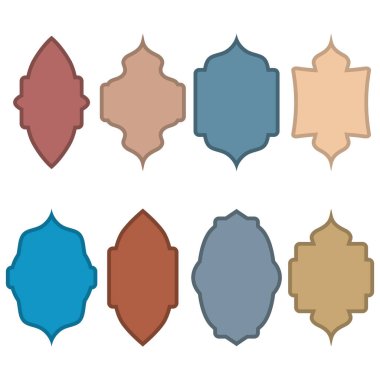 Raster Arap pencereleri. Doğu tarzı İslami pencereler ve kemerler modern tasarım, ay, cami kubbesi ve fenerler.