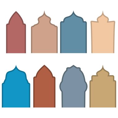 Vektör Arap kapıları. Doğu tarzı İslami kapılar ve kemerler modern tasarım, ay, cami kubbesi ve fenerler.