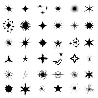 Beyaz arka planda izole edilmiş retro sihirli yıldızlar kümesi. Geleceğin ışıltılı şekilleri. Asgari temel simgeler.