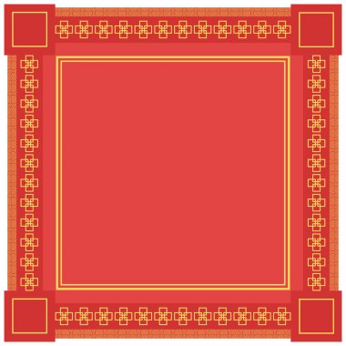 Geleneksel doğu geometrisi tarzında Japon çerçeve deseni. Ay Çin Yeni Yıl Dekorasyonu için şölen süsü. Kırmızı ve Altın Asyalı yaratıcı afiş motifi. Soyut Dalgalar ve Çemberler.