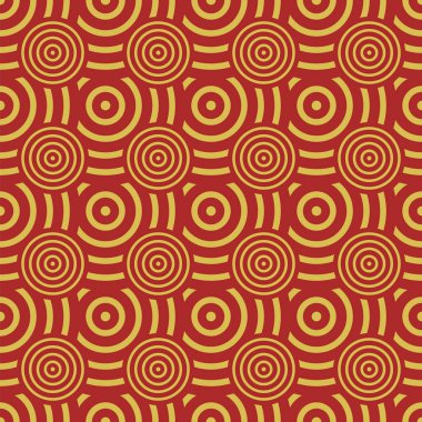 Geleneksel oryantal geometrik tarzda kusursuz Japon deseni. Ay Çin Yeni Yıl Dekorasyonu için şölen süsü. Kırmızı ve altın Asyalı yaratıcı motif. Soyut Dalgalar ve Çemberler.