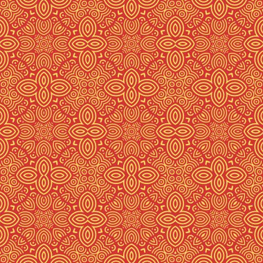 Geleneksel oryantal geometrik tarzda kusursuz Japon deseni. Ay Çin Yeni Yıl Dekorasyonu için şölen süsü. Kırmızı ve altın Asyalı yaratıcı motif. Soyut Dalgalar ve Çemberler.