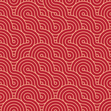 Geleneksel oryantal geometrik tarzda kusursuz Japon deseni. Ay Çin Yeni Yıl Dekorasyonu için şölen süsü. Kırmızı ve altın Asyalı yaratıcı motif. Soyut Dalgalar ve Çemberler.