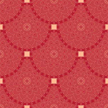 Geleneksel oryantal geometrik tarzda kusursuz Japon deseni. Ay Çin Yeni Yıl Dekorasyonu için şölen süsü. Kırmızı ve altın Asyalı yaratıcı motif. Soyut Dalgalar ve Çemberler.