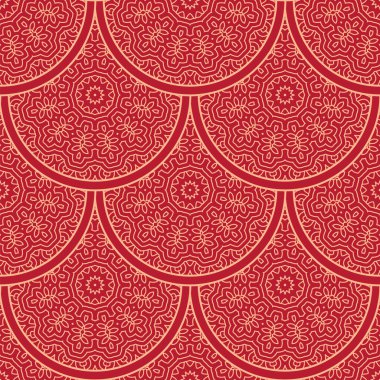 Geleneksel doğu geometrik tarzında Japon vektörü kusursuz desen. Ay Çin Yeni Yıl Dekorasyonu için şölen süsü. Kırmızı ve altın Asyalı yaratıcı motif. Soyut Dalgalar ve Çemberler.