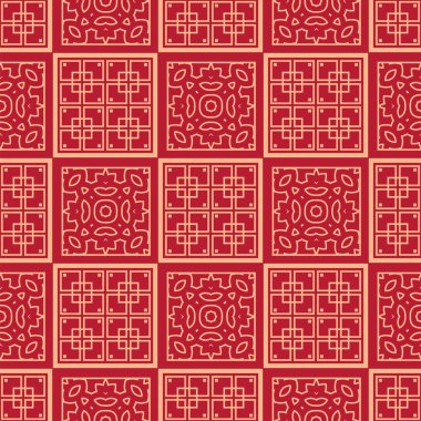 Geleneksel doğu geometrik tarzında Japon vektörü kusursuz desen. Ay Çin Yeni Yıl Dekorasyonu için şölen süsü. Kırmızı ve altın Asyalı yaratıcı motif. Soyut Kareler.