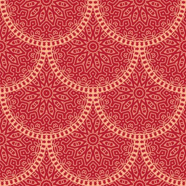 Geleneksel oryantal geometrik tarzda kusursuz Japon deseni. Ay Çin Yeni Yıl Dekorasyonu için şölen süsü. Kırmızı ve altın Asyalı yaratıcı motif. Soyut Dalgalar ve Çemberler.
