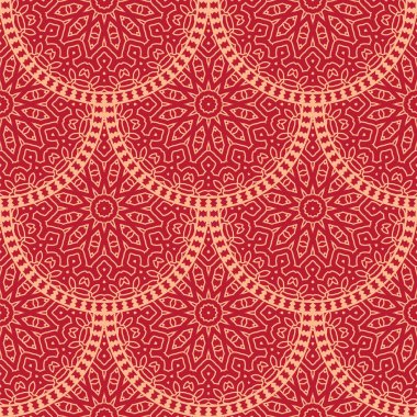 Geleneksel doğu geometrik tarzında Japon vektörü kusursuz desen. Ay Çin Yeni Yıl Dekorasyonu için şölen süsü. Kırmızı ve altın Asyalı yaratıcı motif. Soyut Dalgalar ve Çemberler.