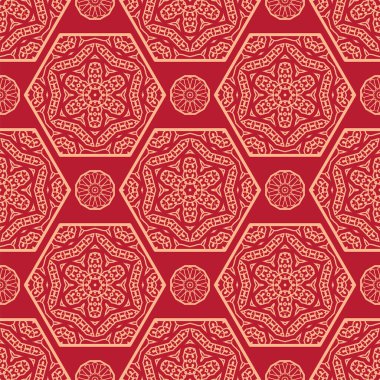 Geleneksel oryantal geometrik tarzda kusursuz Japon deseni. Ay Çin Yeni Yıl Dekorasyonu için şölen süsü. Kırmızı ve altın Asyalı yaratıcı motif. Soyut Altıgenler.