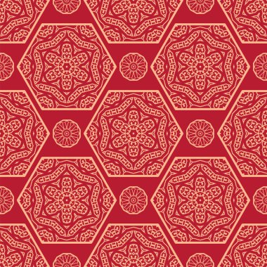 Geleneksel doğu geometrik tarzında Japon vektörü kusursuz desen. Ay Çin Yeni Yıl Dekorasyonu için şölen süsü. Kırmızı ve altın Asyalı yaratıcı motif. Soyut Altıgenler.