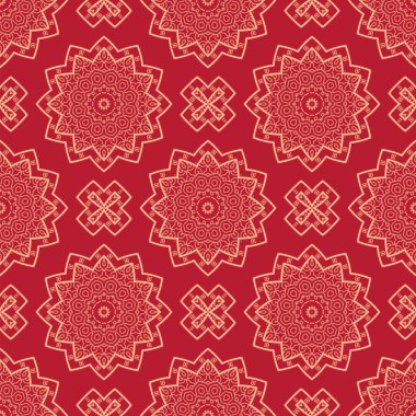 Geleneksel oryantal geometrik tarzda kusursuz Japon deseni. Ay Çin Yeni Yıl Dekorasyonu için şölen süsü. Kırmızı ve altın Asyalı yaratıcı motif. Soyut Dalgalar ve Çemberler.