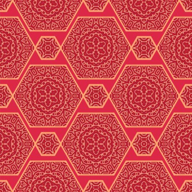 Geleneksel oryantal geometrik tarzda kusursuz Japon deseni. Ay Çin Yeni Yıl Dekorasyonu için şölen süsü. Kırmızı ve altın Asyalı yaratıcı motif. Soyut Altıgenler.