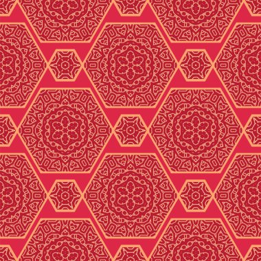 Geleneksel doğu geometrik tarzında Japon vektörü kusursuz desen. Ay Çin Yeni Yıl Dekorasyonu için şölen süsü. Kırmızı ve altın Asyalı yaratıcı motif. Soyut Altıgenler.