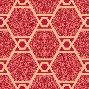 Geleneksel oryantal geometrik tarzda kusursuz Japon deseni. Ay Çin Yeni Yıl Dekorasyonu için şölen süsü. Kırmızı ve altın Asyalı yaratıcı motif. Soyut Altıgenler.