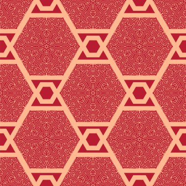 Geleneksel doğu geometrik tarzında Japon vektörü kusursuz desen. Ay Çin Yeni Yıl Dekorasyonu için şölen süsü. Kırmızı ve altın Asyalı yaratıcı motif. Soyut Altıgenler.