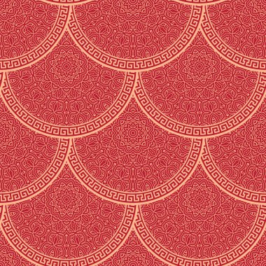 Geleneksel doğu geometrik tarzında Japon vektörü kusursuz desen. Ay Çin Yeni Yıl Dekorasyonu için şölen süsü. Kırmızı ve altın Asyalı yaratıcı motif. Soyut Dalgalar ve Çemberler.