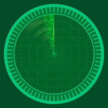 Vektör yeşil radar ekranı. Paneli göster. Donanma tarayıcısı. Askeri algılama monitörü. Elektronik dijital sonar.