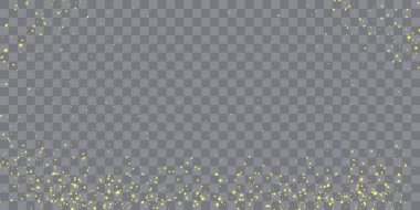 Vektör tozu kıvılcımları ve sarı gökyüzü yıldızları. Özel ışıkla parlıyor. Altın parıltı Noel ışığı etkisi. Parlak sihirli toz parçacıkları.