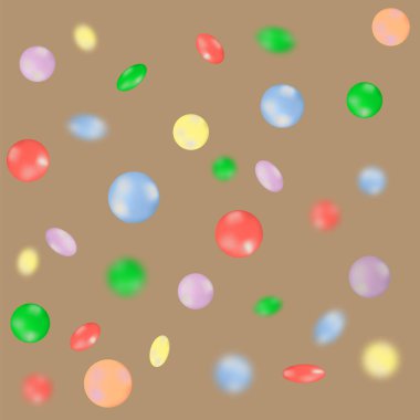 Rengarenk çikolata şekerler, çok renkli çikolatalar kahverengi arka planda izole bir şekilde düşüyor. Düşen meyve, seçici odak.