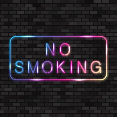 Vektör Neon Sigara İçilmez işareti. Renkli Parlak Çerçeve. Tuğla Duvar Arkaplanı.