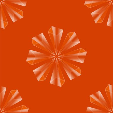 Kırmızı arkaplanda kristal elmassız bir desen var. Cam şeffaf prizma arka planı. Mineral rastgele üçgen piramit kümesi.