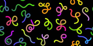 Gradyan ile vektör neon renkli çizgi şekilleri. Kara Arkaplan 'da soyut Dalgalı Desen. 3D Gökkuşağı Renksiz Dalgalar Grafik Solucanı. Renkli Dinamik Karalamalar, Girdaplar ve Sarmal Döngü Kurdeleleri.