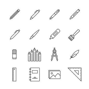 Çizim araçları satır simgesi seti. Yazma, çizim, ofis, okul araçları