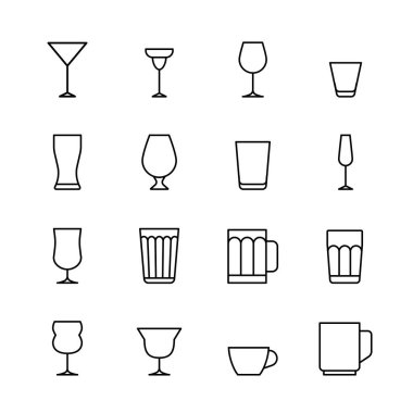 Cam bardak simgesi seti. Cam bardak çizgisi ikonu tasarımı. Öge simgesi dizayn et