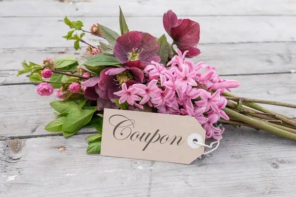 Bouquet Blue Hyacinths Card English Text Coupon Stock Image