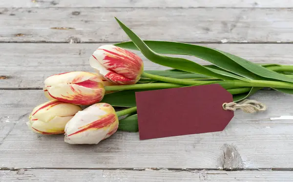 Strauß Gestreifter Tulpen Rot Gelb Und Weiß Und Karte Mit lizenzfreie Stockfotos