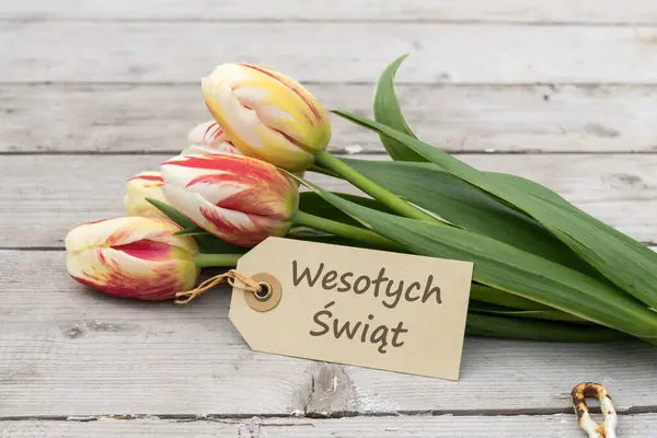 Greeting Card Red Yellow White Tulips Polish Text Happy Easter Royalty Free Stock Images