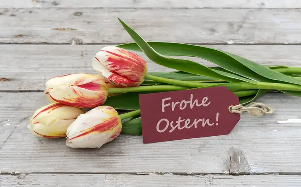 Greeting Card Red Yellow White Tulips German Text Happy Easter Royalty Free Stock Photos