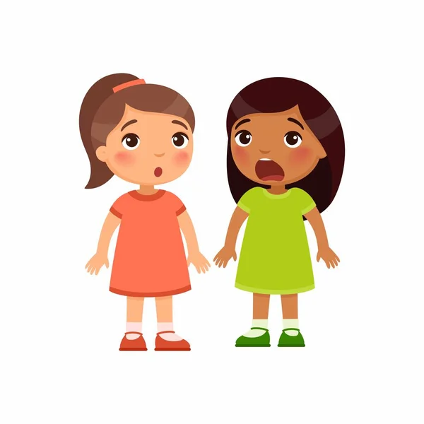 Δύο Μικρά Κορίτσια Άνοιξαν Στόμα Τους Αιφνιδιαστικά Αντίληψη Απροσδόκητων Ειδήσεων — Διανυσματικό Αρχείο