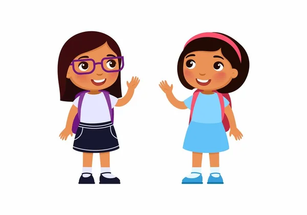 Dwie Małe Dziewczynki Machają Siebie Szczęśliwej Ciemnej Skóry Uczennice Ilustracja — Wektor stockowy