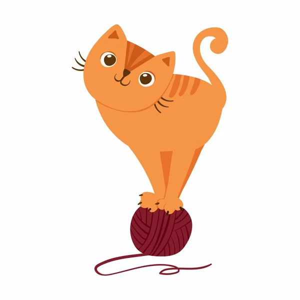 Katze Spielt Mit Garnknäuel Niedliche Verspielte Kätzchen Charakter Gemütliche Postkarte — Stockvektor