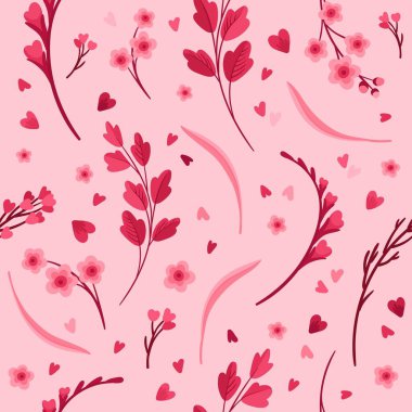 Viva Magenta!  Floral Seamless Pattern. Blooming Flowers, Red and Pink Leaves and Hearts. Vector Digital Wallpaper. Scrapbook Paper on Pink Background