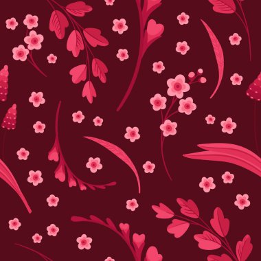 Viva Magenta! Floral Seamless Pattern. Blooming Flowers, Red and Pink Leaves and Hearts. Vector Digital Wallpaper. Scrapbook Paper on Dark Background