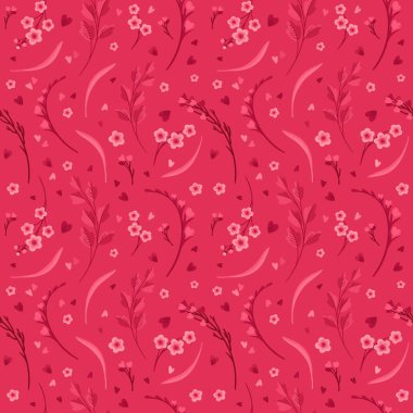 Viva Magenta! Floral Seamless Pattern. Blooming Flowers, Red and Pink Leaves and Hearts. Vector Digital Wallpaper. Scrapbook Paper on Red Background