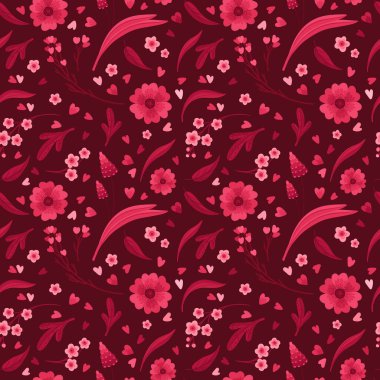 Viva Magenta Floral Seamless Pattern. Blooming Flowers, Red and Pink Leaves and Hearts. Vector Digital Wallpaper. Scrapbook Paper on Dark Background