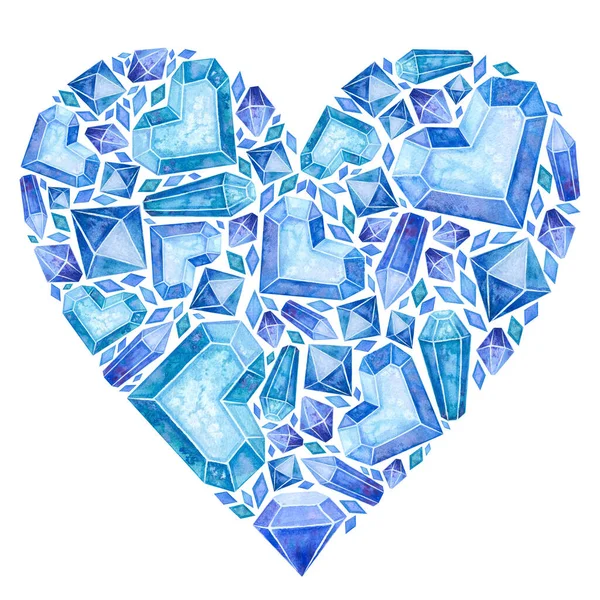 Μπλε Καρδιά Κρυστάλλους Πάγου Πολύτιμους Λίθους Κοσμήματα Ακουαρέλα Ζωγραφισμένα Στο — Φωτογραφία Αρχείου