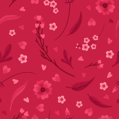 Magenta Çiçeksiz Düzen. Çiçekler, Kırmızı ve Pembe Yapraklar ve Kalpler. Vektör Dijital Duvar Kağıdı. Kırmızı Arkaplan Albüm Kağıdı